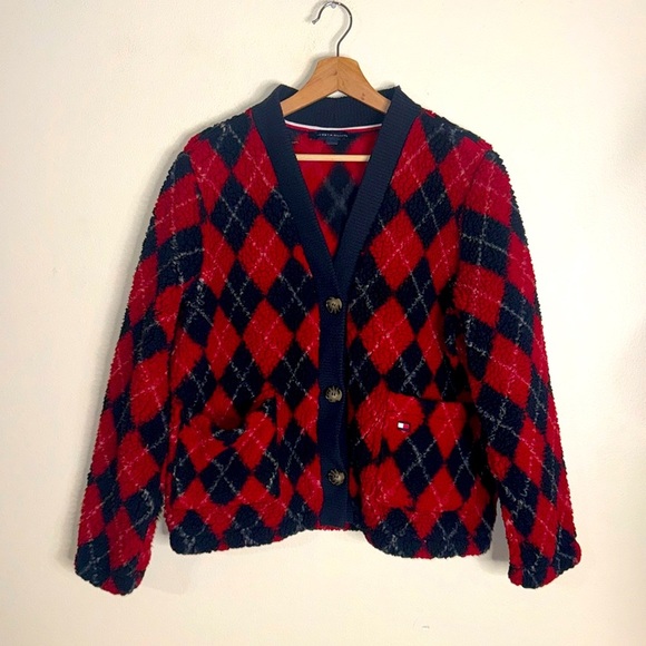 Tommy Hilfiger Fluffy Blue and Red Argyle Button Front Jacket Size large - Picture 2 of 10